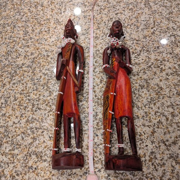 Vintage Hand Carved Wooden African Man & Woman Warrior Statues - Picture 7 of 7